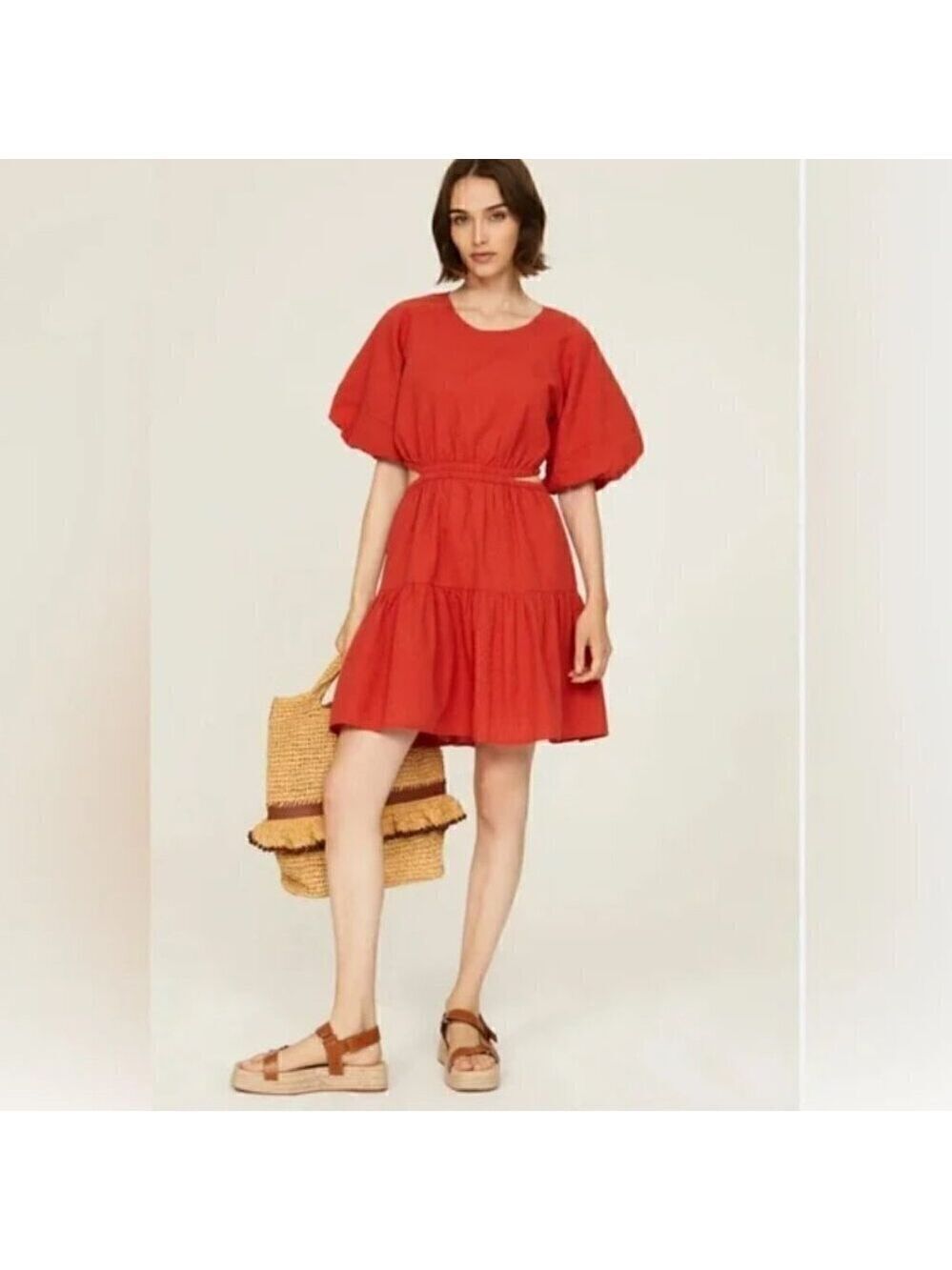 Madewell Seersucker Puff-Sleeve Cutout Mini Dress in Rust Orange Size Medium